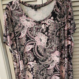 INC 3x Black and Pink Paisley short sleeve top